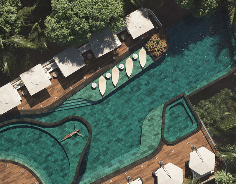Piscine carrelage inspiration Bali plage bois végétation exotique